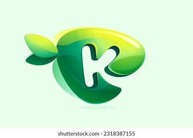 Environment friendly K letter initial. 3D realistic icon cut out of triangle arrow shape. Forest eco logo with green leaves in watercolor style. Vector for play button, healthy food, agriculture adv.