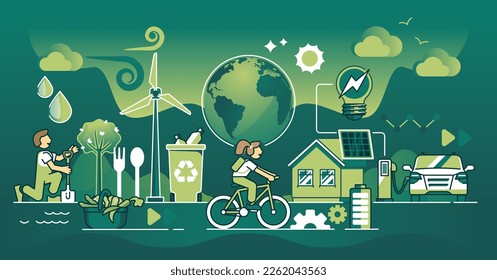 Estilo de vida respetuoso con el medio ambiente con un concepto de vida oscura y sostenible. La electricidad verde y la energía de la energía eólica o solar ilustran vectores. Uso de recursos renovables para la vida sin desperdicios.