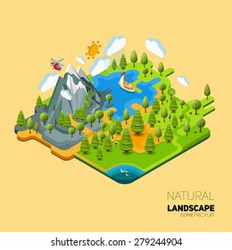 Environment friendly natural landscape with mountains river and forest around. Vector work flat isometry 3D concept.