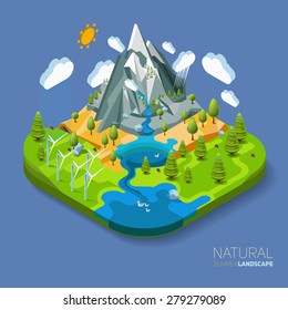 Environment friendly natural landscape with mountains river and forest around. Vector work flat isometric 3D concept.