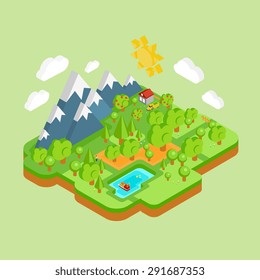 Environment friendly natural landscape with mountains river and forest around. Vector work flat isometric 3D concept.