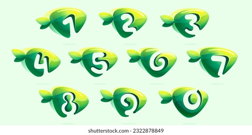 Environment friendly numbers set. 3D realistic icons cut out of triangle arrow shape. Forest eco logos with green leaves in watercolor style. Vector for play button, healthy food, agriculture adv.