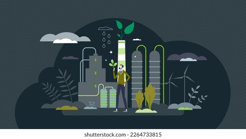 Environment friendly power plant for clean green energy tiny person concept. Ecological solution for electricity supply from renewable resources vector illustration. Sustainable, modern bio station.