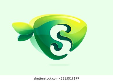 Environment friendly S letter initial. 3D realistic icon cut out of triangle arrow shape. Forest eco logo with green leaves in watercolor style. Vector for play button, healthy food, agriculture adv.