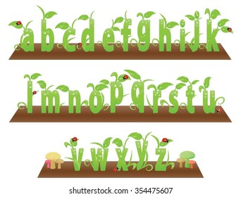 Environment friendly small English alphabets from a to z. With beetles and mushrooms.