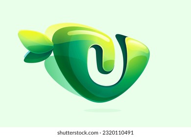 Environment friendly U letter initial. 3D realistic icon cut out of triangle arrow shape. Forest eco logo with green leaves in watercolor style. Vector for play button, healthy food, agriculture adv.