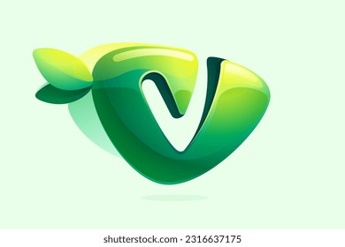 Environment friendly V letter initial. 3D realistic icon cut out of triangle arrow shape. Forest eco logo with green leaves in watercolor style. Vector for play button, healthy food, agriculture adv.
