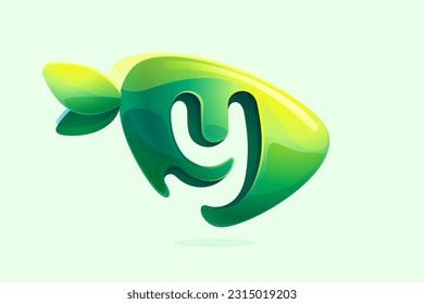 Environment friendly Y letter initial. 3D realistic icon cut out of triangle arrow shape. Forest eco logo with green leaves in watercolor style. Vector for play button, healthy food, agriculture adv.