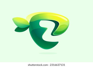 Environment friendly Z letter initial. 3D realistic icon cut out of triangle arrow shape. Forest eco logo with green leaves in watercolor style. Vector for play button, healthy food, agriculture adv.