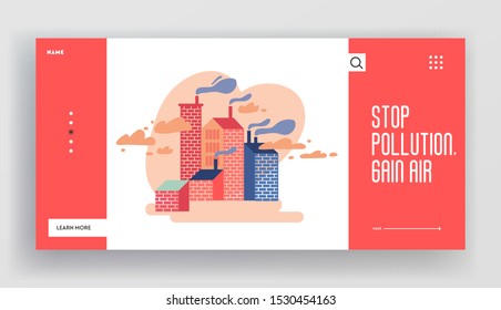 Environment Gas Pollution Website Template, Industry Factory Smog, Ecology Danger Concept Web Page and Landing Page. Toxic Smoke Dust, Carbon Dioxide Gas. Flat Cartoon Vector Illustration