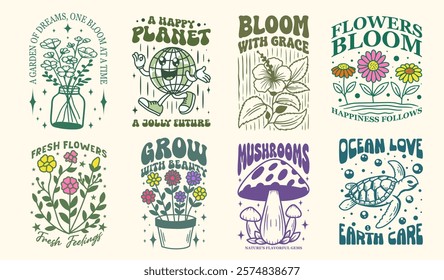 Environment graphic set, Plant lover t-shirt designs bundle. Plant vector collection, earth day. Inspirational quotes. Ecological, flowers and greenery design for print and poster. Nature Illustration