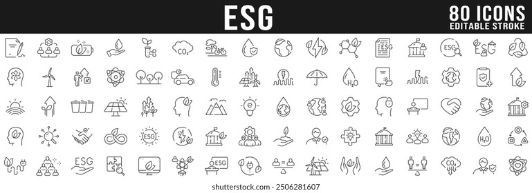 Medio ambiente, energía verde, hoja, eco, naturaleza, CO2, etc. Conjunto grande de iconos de línea relacionados con ESG