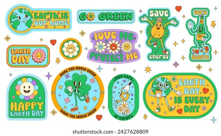 Environment groovy stickers with retro cartoon characters. Patches set with playful earth planet, light bulb, glass bottle, daisy flowers. Eco-friendly save nature decals with nostalgic positive vibes