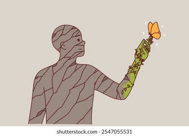 Environment helps stone man to flourish and gain freedom through synergy with nature or biodiversity. Concept of caring for environment and sustainable development to avoid eco problems