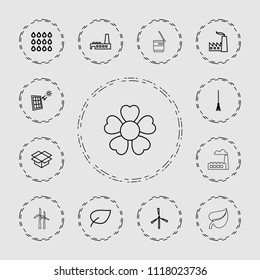 Environment icon. collection of 13 environment outline icons such as mill, leaf, rake, box, factory, drop, solar panel, flower. editable environment icons for web and mobile.