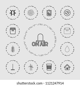Environment icon. collection of 13 environment outline icons such as leaf, trash bin, beetle, rake, box, eco house, water drop. editable environment icons for web and mobile.