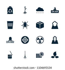 Environment icon. collection of 16 environment filled icons such as beetle, trash bag, rake, sprout, open air, tree, target. editable environment icons for web and mobile.