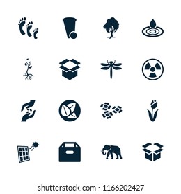 Environment icon. collection of 16 environment filled icons such as dragonfly, elephant, water drop, box, solar panel, leaf. editable environment icons for web and mobile.