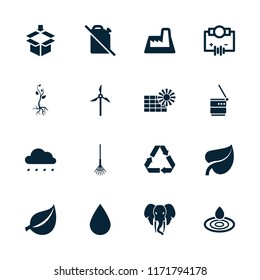 Environment icon. collection of 16 environment filled icons such as water drop, electricity, rake, factory, no oil, elephant. editable environment icons for web and mobile.