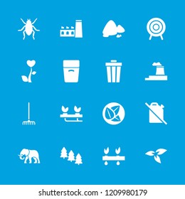 Environment icon. collection of 16 environment filled icons such as plant, pine tree, beetle, trash bin, target, no oil, leaf. editable environment icons for web and mobile.