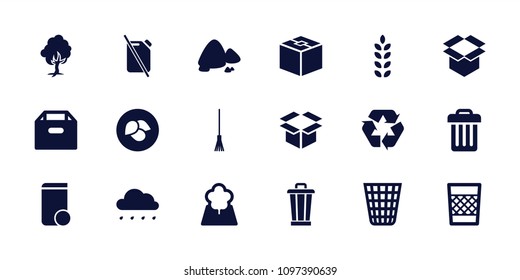 Environment icon. collection of 18 environment filled icons such as leaf, box, rake, recycle, trash bin, tree, rain, plant. editable environment icons for web and mobile.