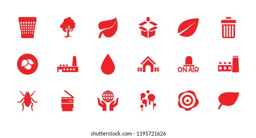 Environment icon. collection of 18 environment filled icons such as leaf, beetle, trash bin, factory, blood, house, water drop. editable environment icons for web and mobile.