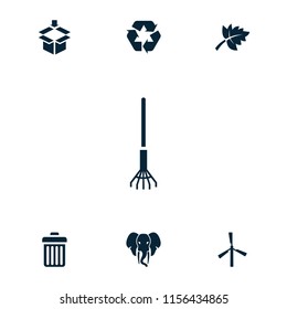 Environment icon. collection of 7 environment filled icons such as mill, recycle, leaf, trash bin, elephant, rake. editable environment icons for web and mobile.