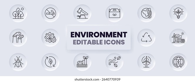 Environment Icon collection containing 16 editable stroke icons. Contains sustainability, eco awareness and green energy. Editable Stroke, Ouitline, Line icons Collections.
