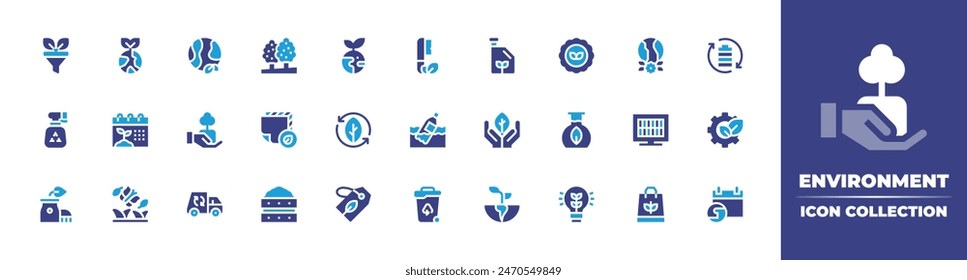 Environment icon collection. Duotone color. Vector illustration. Containing environment, innovation, testtube, worldenvironmentday, nuclearpower, compost, solarpanel, trash, ecofriendlyfabric.