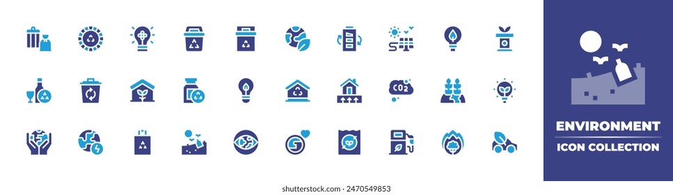 Environment icon collection. Duotone color. Vector illustration. Containing ecohouse, worldenvironmentday, greenenergy, vision, recycle, geothermalenergy, dump, ecology, eco, glassrecycling, growth.