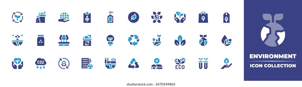 Colección de iconos de entorno. Color duotono. Ilustración vectorial. Contiene ecofriendly, ciencia, hoja, ecolight, protección del medio ambiente, fábrica, agua, eco, reciclaje, reciclaje, papel.