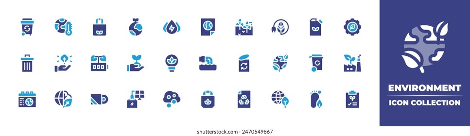 Environment icon collection. Duotone color. Vector illustration. Containing ecopackaging, battery, sustainable, planetearth, environment, tree, recycledpaper, worldday, wastewater, recyclingbin.