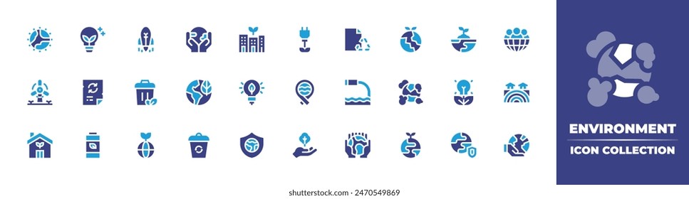 Environment icon collection. Duotone color. Vector illustration. Containing environment, ecology, environmentprotection, ecohouse, battery, planetearth, spill, recyclebin, bio, ecological.