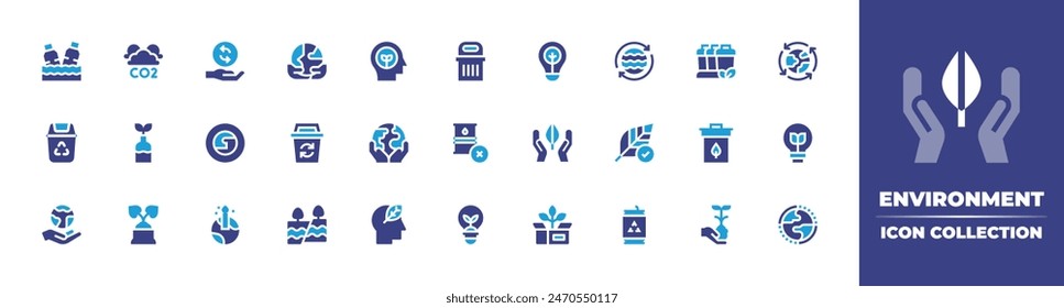Environment icon collection. Duotone color. Vector illustration. Containing sustainability, environment, ecologyandenvironment, recyclebin, ecology, candle, atmosphere, hypoallergenic, nooil.
