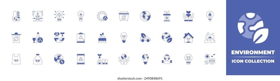 Colección de iconos de entorno. Trazo de línea de estilo duotono y negrita. Ilustración vectorial. Contiene investigación, eco, reciclaje de vidrio, reciclaje, calentamiento global, energía verde, comercio mundial, sostenible.