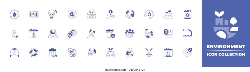 Environment icon collection. Duotone style line stroke and bold. Vector illustration. Containing environment, world, law, sustainable, spill, greenenergy, tissuepaper, solarpanel, recyclebin.