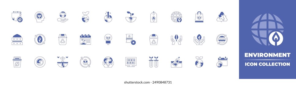 Environment icon collection. Duotone style line stroke and bold. Vector illustration. Containing environment, awareness, earth, worldenvironmentday, recyclebin, compost, ecofriendlyfabric.