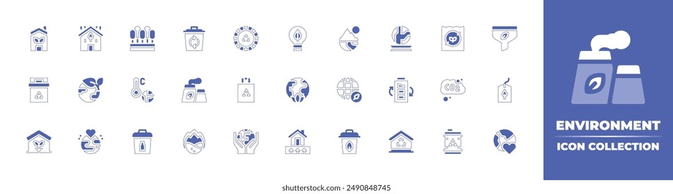 Environment icon collection. Duotone style line stroke and bold. Vector illustration. Containing recycle, ecologic, nuclearplant, forest, globalwarming, sustainable, bin, ecohome.