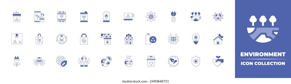 Kollektion des Umgebungs-Symbols. Linienstrich im Duotonstil und fett. Vektorillustration. Enthält Planetearth, Gewächshaus, Blatt, recycelbares Material, uvprotective Gewebe, erneuerbare Energie, Handshake, Recycling.