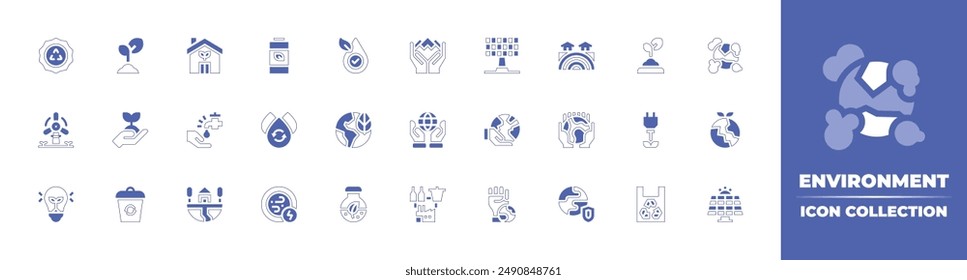 Environment icon collection. Duotone style line stroke and bold. Vector illustration. Containing plant, ecologyandenvironment, ecohouse, battery, recycling, waterscarcity, windmill, badge.