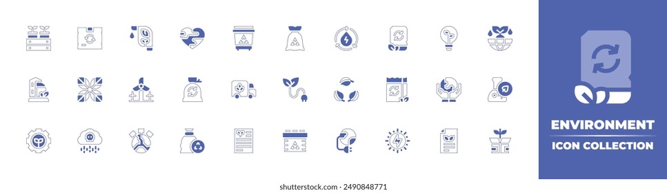 Environment icon collection. Duotone style line stroke and bold. Vector illustration. Containing biodegradable, renewableenergy, savetheplanet, world, biology, package, reusable, recyclebag, paper.