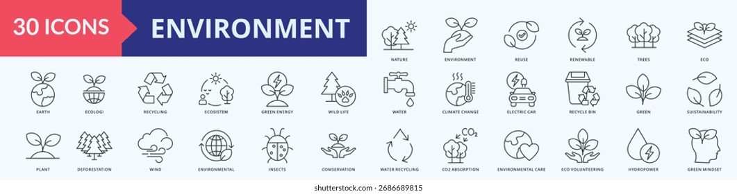 Conjunto de coleção de ícones do ambiente com a natureza, ambiente, reutilização, renovável, árvores, eco, terra