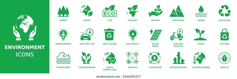 Environment - Icon Collection. Thin Line Set contains such Icons as Recycle, Environment, Nature, Electricity, Electric Bike and more. Simple web icons set.