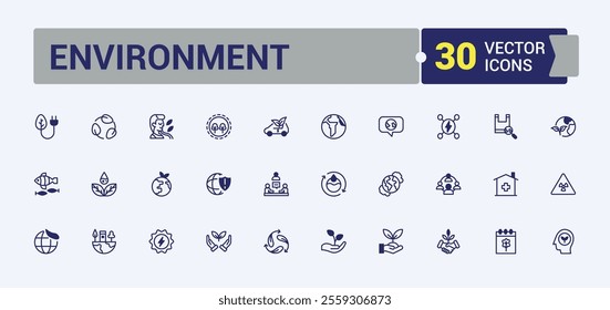 Environment icon. Includes icons for eco, system, nature, ecology, waste, sustainability, car and more. Thin outline icons pack. Vector illustration in modern line style.