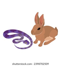 Environment icon isometric vector. Bright ?reeping snake near little gray rabbit. Biological diversity concept