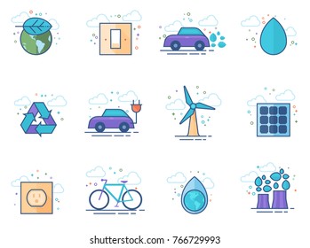 Environment icon series in flat color style. Vector illustration.