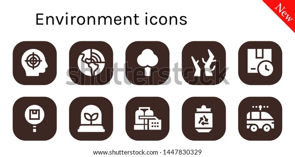 environment icon set. 10 filled environment icons. 
Collection Of - Target, Geothermal, Tree, Branches, Package, Plant,
Factory, Can, Electric
car