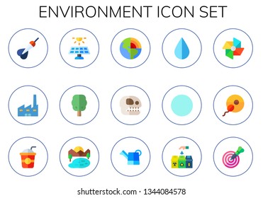environment icon set. 15 flat environment icons.  Simple modern icons about  - dart, factory, solar panel, tree, geothermal, fossil, drop, forest, windmill, fertilization, straw