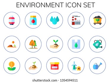 environment icon set. 15 flat environment icons.  Simple modern icons about  - gas, desert, coal, tree, drop, plant tree, factory, plastic, watering can, growth, sprout, box, eolical