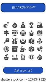  environment icon set. 25 filled environment icons. Simple modern icons about  - Eco friendly, Blood, Garbage, Plant, Factory, Panel, Solar panel, Dart, Package, Barrel, Box, Save energy